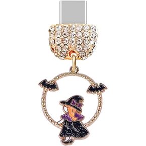 ELISE & FONDA TP282 Type-C USB Charging Port Crystal Anti Dust Plug Halloween Witch Bat Cell Phone Charm for Samsung/Huawei/OnePlus/Xiaomi/oppo Android Phones (Black)