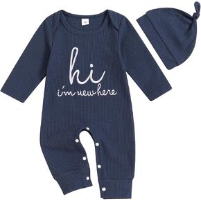 Newborn Coming Home Clothes Baby Boy Waffle Knit Romper Long Sleeve Letter Print Jumpsuit Footless Bodysuit With Hat
