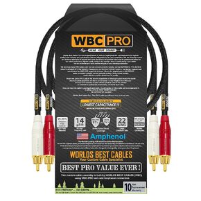 2 Foot RCA Cable Pair - WBC-PRO-LOCAP Lowest-Capacitance (14pF/ft) 22 AWG Ultra-Silent Audiophile & Professional-Grade Audio Interconnect Cable with Amphenol ACPR Gold RCA Plugs & Black Tweed Jacket