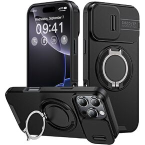 Armor Magnetic Stand Compatible for iPhone 16 Pro Case with Camera Cover Military Grade Protective Case Compatible for iPhone 16 Pro Phone Case, Black