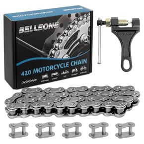 Belleone 420 Motorcycle Chain - 420 Standard Roller Chain 132 Link + Chain Breaker Fits for 110cc 125cc Dirt Pit Bike ATV Quad Go Kart Scooter Mini Bike