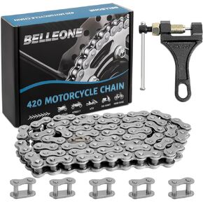 Belleone 420 Motorcycle Chain - 420 Standard Roller Chain 132 Link + Chain Breaker Fits for 110cc 125cc Dirt Pit Bike ATV Quad Go Kart Scooter Mini Bike