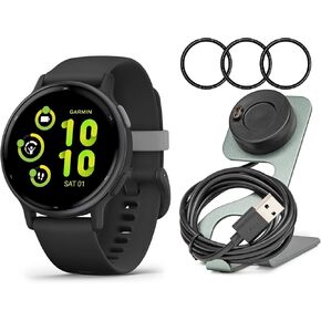 ساعة ذكية للجري Garmin Forerunner 165 GPS (أسود ورمادي) مع واقي شاشة من الزجاج المقوى وحامل شاحن محمول (3 قطع) in Saudi Arabia