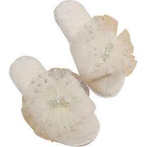 Verdusa Women's Pearl Ruffled Fuzzy Home Slippers Shoes Wedding Bride Slippers