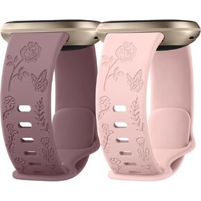 2 Pack Floral Rose Butterfly Engraved Bands Compatible with Fitbit Sense 2 Bands/Fitbit Sense Bands/Fitbit Versa 3 Bands/Fitbit Versa 4 Bands for Women, Elegant Pattern Replacement Watch Wristbands