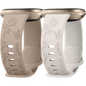 2 Pack Floral Rose Butterfly Engraved Bands Compatible with Fitbit Sense 2 Bands/Fitbit Sense Bands/Fitbit Versa 3 Bands/Fitbit Versa 4 Bands for Women, Elegant Pattern Replacement Watch Wristbands