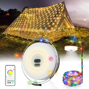 Camping String Lights, APP Control Outdoor String Lights with 8 Lighting Modes, Quick Storage and Waterproof, Type-C Fast Charging - Portable 2 in 1 Camping Essentials for Outdoor, Hiking, Christmas
