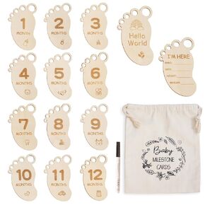 Cute Baby Announcement Sign, 14 Pack Neutral Monthly Milestone Disc, Little Feet Wooden Milestones Cards with Bag and Marker Pen for Baby Photos and First Year Milestones, 1-12 Months