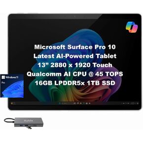 Microsoft Surface Pro 11, 13" 120Hz 2.8K Touchscreen, Copilot+ PC Tablet, 10-Core Snapdragon X Plus w/AI NPU, 16GB RAM, 512GB SSD, WiFi 7, 4K Webcam, Docking Station, Win 11 Pro, WiFi Only, Black