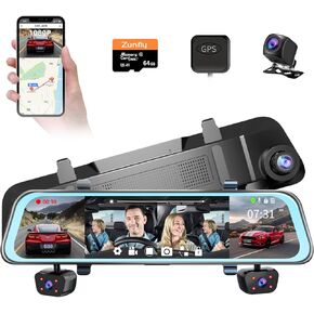 4 Channel Mirror Dash Cam, Dash Cam Front and Rear, 12’’ FHD 1080Px4 Rear View Mirror Camera, IR Night Vision for Left and Right Inside Car Camera, Built-in WiFi, GPS, Parking Monitor