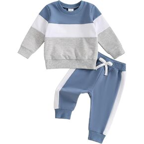 Fall Winter Baby Boy Girl Outfit Contrast Color Crewneck Sweatshirt Long Pants Sweatsuit 2 Piece Clothes Set