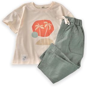CIGIT - Kids 100% Cotton Palm Printed Linen Muslin Two-Piece Set - Sand T-Shirt and Pants Set for Ages 2-8 Years