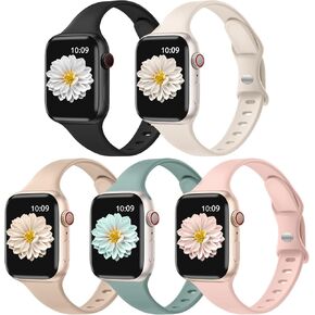 Adorve Slim Band Compatible with Apple Watch Bands for Women 40mm 38mm 41mm 42mm 44mm 45mm 49mm, Soft Silicone Thin Narrow Sport Replacement Wristbands for iWatch Series 9 8 7 6 5 4 3 2 1 SE, 5 Pack