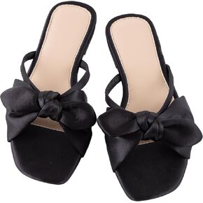 Mtzyoa Women Flat Sandals Bow Satin Ladies Summer Dressy Casual Vacation Bohemian Cute Leather Fashion Comfy Slip On Slides