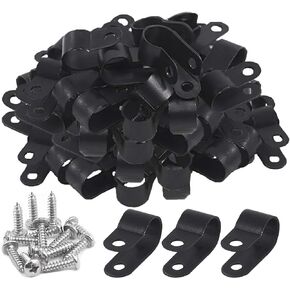 Keadic 120 Pieces 3/8 inch Black Nylon Cable Clamps with Stainless Steel Screws, R-Type Mounting Cord Fastener Wire Clamps for Wire Pipe Management