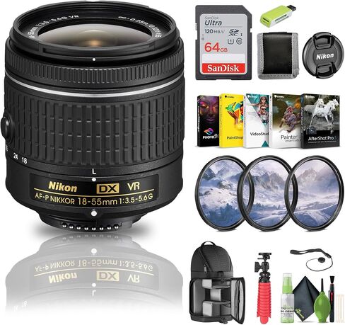 نيكون - عدسة تكبير AF-P DX NIKKOR مقاس 18-55 مم f/3.5-5.6G VR لكاميرات APS-C F-Mount (20059) + بطاقة ذاكرة سعة 64 جيجابايت + مجموعة مرشح + حقيبة ظهر + قارئ بطاقات + برنامج Corel للصور + حامل ثلاثي القوائم مرن + المزيد (متجدد) in Saudi Arabia