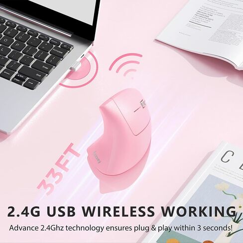 ماوس Lekvey اللاسلكي المريح، ماوس عمودي USB قابل لإعادة الشحن، ماوس بصري 2.4 جيجا هرتز مع جهاز استقبال USB، 6 أزرار ماوس لاسلكي مريح للكمبيوتر المحمول، سطح المكتب، الكمبيوتر الشخصي - أحمر وردي in Kuwait