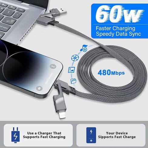 2 حزمة كابل USB C 4 في 1 كابل لايتنينج بطول 6 أقدام، 60 وات [شحن سريع ومزامنة البيانات] سلك شاحن مسطح مضفر من سبائك الزنك من النوع C لهاتف iPhone 15 Pro Max/15 Plus/15 14 13 Pro/Samsung Galaxy S24 S23/iPad/MacBook in Saudi Arabia