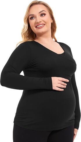 قمصان حمل كاجوال بأكمام طويلة ورقبة على شكل حرف V من الخيزران الفسكوز للنساء in Kuwait