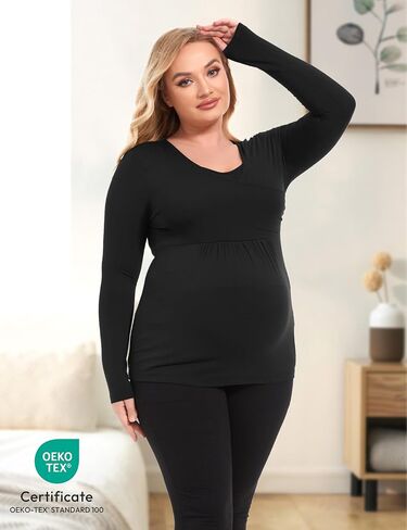 قمصان حمل كاجوال بأكمام طويلة ورقبة على شكل حرف V من الخيزران الفسكوز للنساء in Kuwait