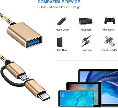 2-in-1 USB C/Micro to USB Adapter, USB C to USB, Micro to USB 3.0 OTG Adapter Cable Compatible with iMac Android Google Samsung Galaxy and More, Gold in Kuwait