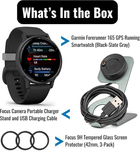ساعة ذكية للجري Garmin Forerunner 165 GPS (أسود ورمادي) مع واقي شاشة من الزجاج المقوى وحامل شاحن محمول (3 قطع) in Saudi Arabia