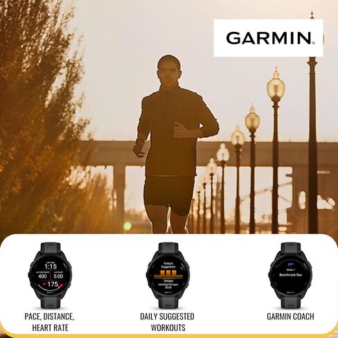 ساعة ذكية للجري Garmin Forerunner 165 GPS (أسود ورمادي) مع واقي شاشة من الزجاج المقوى وحامل شاحن محمول (3 قطع) in Saudi Arabia