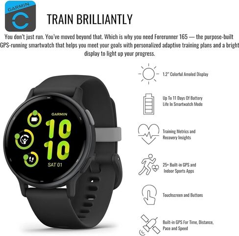 ساعة ذكية للجري Garmin Forerunner 165 GPS (أسود ورمادي) مع واقي شاشة من الزجاج المقوى وحامل شاحن محمول (3 قطع) in Saudi Arabia
