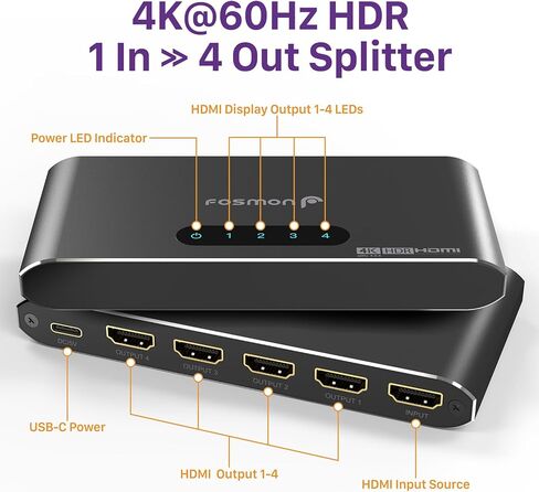 Fosmon HDMI Splitter 1 in 2 Out (4K@60Hz) 2 Port HDMI Splitter for Dual Monitors with EDID Down-Scaler for Dual Identical Display Support in Kuwait