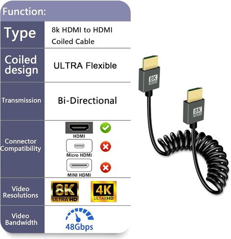 GELRHONR 8k HDMI Short Coiled Cable, Extreme Thin HDMI Male to Male Extension Spring Flexible Cord 48Gbps High Speed Support 3D 8K@60Hz for On-Camera Monitors,TV,PS5, Xbox Series X/S (Down Angle) in Saudi Arabia