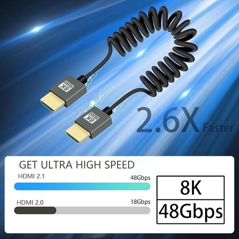GELRHONR 8k HDMI Short Coiled Cable, Extreme Thin HDMI Male to Male Extension Spring Flexible Cord 48Gbps High Speed Support 3D 8K@60Hz for On-Camera Monitors,TV,PS5, Xbox Series X/S (Down Angle) in Saudi Arabia