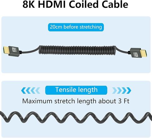 GELRHONR 8k HDMI Short Coiled Cable, Extreme Thin HDMI Male to Male Extension Spring Flexible Cord 48Gbps High Speed Support 3D 8K@60Hz for On-Camera Monitors,TV,PS5, Xbox Series X/S (Down Angle) in Saudi Arabia