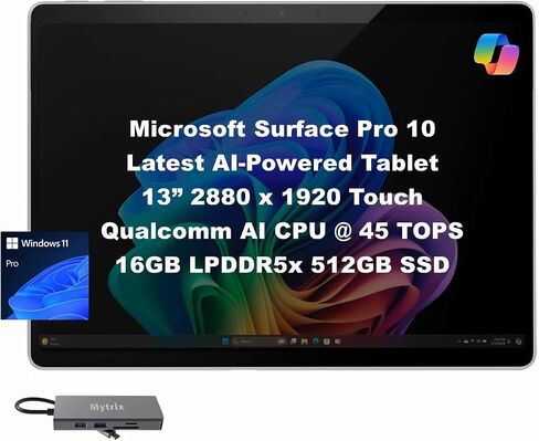Microsoft Surface Pro 11, 13" 120Hz 2.8K Touchscreen, Copilot+ PC Tablet, 10-Core Snapdragon X Plus w/AI NPU, 16GB RAM, 512GB SSD, WiFi 7, 4K Webcam, Docking Station, Win 11 Pro, WiFi Only, Black in Kuwait