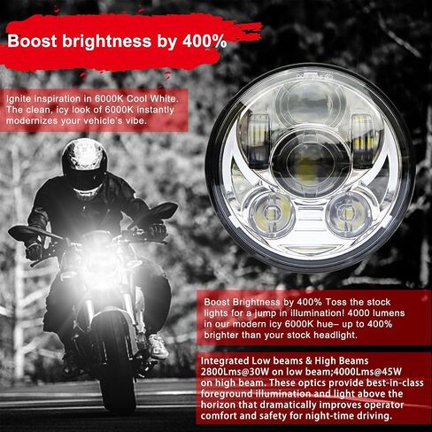 مصباح أمامي LED من Wisamic 5-3/4 5.75 بوصة - متوافق مع Harley Davidson Dyna Street Bob Super Wide Glide Low Rider Night Rod Train Softail Deuce Custom Sportster Iron 883-أسود in Kuwait