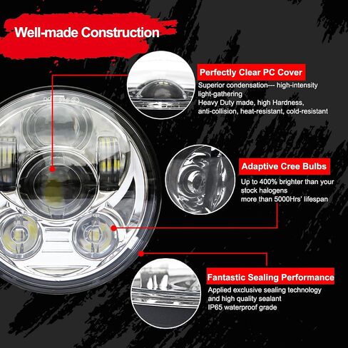 مصباح أمامي LED من Wisamic 5-3/4 5.75 بوصة - متوافق مع Harley Davidson Dyna Street Bob Super Wide Glide Low Rider Night Rod Train Softail Deuce Custom Sportster Iron 883-أسود in Kuwait