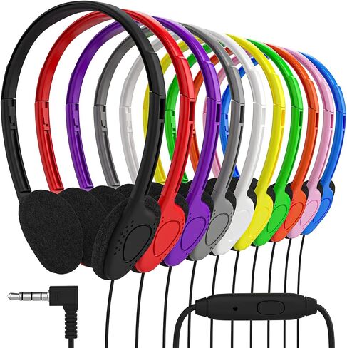 Maeline Bulk On Ear Student Headphones with Microphone for Library, School, Classroom, Airplane, Kids Online Learning and Travel, 3.5 mm Headphone Plug - 20 Pack - Multi Color in Saudi Arabia
