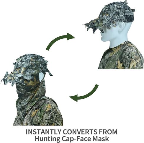 LOOGU Hunting Face Mask Ghillie Hat - Camo Neck Gaiter 3D Leafy Caps for Bow Duck Turkey Deer Hunting Blind Tree Camouflage in Saudi Arabia
