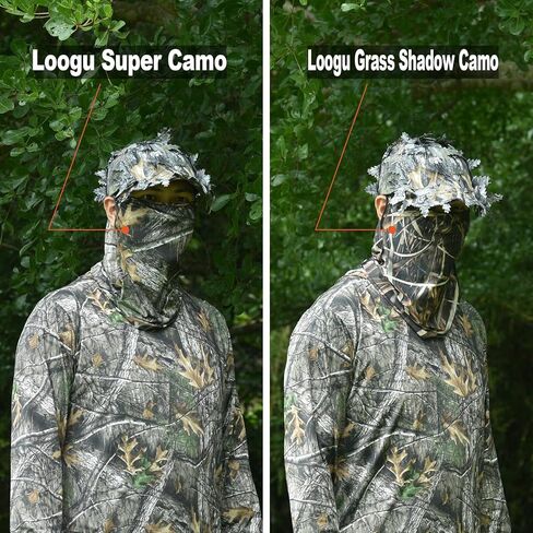 LOOGU Hunting Face Mask Ghillie Hat - Camo Neck Gaiter 3D Leafy Caps for Bow Duck Turkey Deer Hunting Blind Tree Camouflage in Saudi Arabia