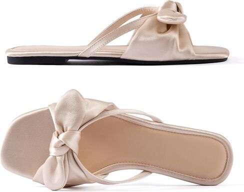 Mtzyoa Women Flat Sandals Bow Satin Ladies Summer Dressy Casual Vacation Bohemian Cute Leather Fashion Comfy Slip On Slides in Saudi Arabia