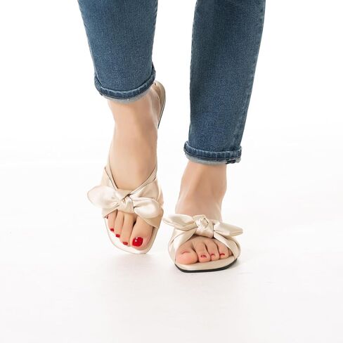 Mtzyoa Women Flat Sandals Bow Satin Ladies Summer Dressy Casual Vacation Bohemian Cute Leather Fashion Comfy Slip On Slides in Saudi Arabia