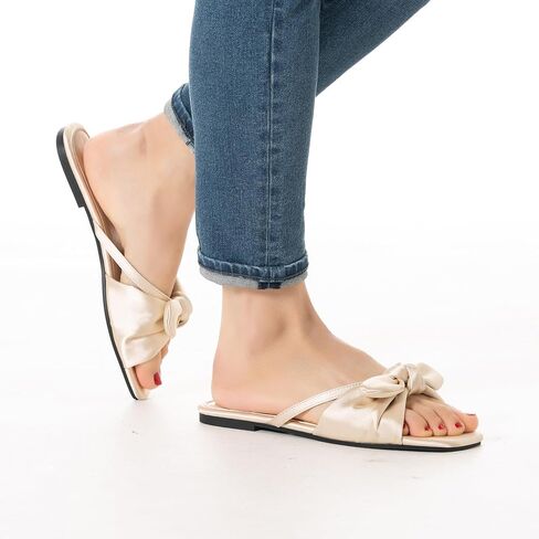 Mtzyoa Women Flat Sandals Bow Satin Ladies Summer Dressy Casual Vacation Bohemian Cute Leather Fashion Comfy Slip On Slides in Saudi Arabia