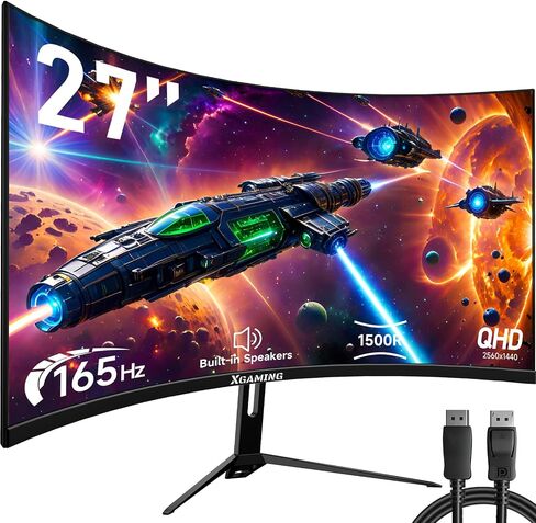 شاشة ألعاب منحنية مقاس 27 بوصة، 165 هرتز QHD (2560×1440)، 1 مللي ثانية، FreeSync، Eye Care HDR 100% sRGB، شاشة R1500 منحنية 16:9 واسعة مع HDMI × 2 DisplayPort × 2، مكبرات صوت مدمجة، VESA، قابلة للتعديل in Saudi Arabia