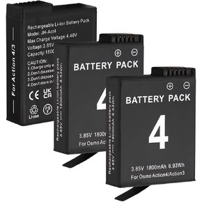 3 Pack Battery Replacement for DJI Osmo Action 4/Action 3 1800mAh Rechargeable Extreme Battery Set Sport Camera Accessories
