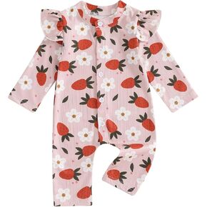 Baby Girl Long Sleeve Strawberry/Flower Ruffle Oversized Bubble Romper Button Jumpsuit One Piece Outfit Clothes