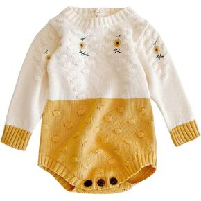 Baby Girl Long Sleeve Ruffle Bodysuit Dress Pleated Hem Pink Tutu Fall Clothes My First Thanksgiving Ugly Christmas Outfits 0-3 Months Snap Up Knit Sweater Winter Romper Yellow 0-3 Months