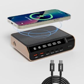 240W GaN Charger Station Desktop with Digital Display Screen USB C Fast Charging Wireless Charger USB A Charger Power Adapter for iPad Phone Laptop for Office