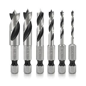 Kodilin Brad Point Stubby Drill Bit Set for Wood, Short Length Drill Bit Set 6pcs HSS 4241 Steel with 1/4-Inch Quick Change Hex Shank