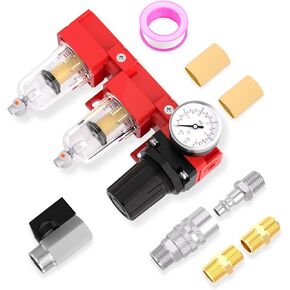 Air Compressor Moisture Filter, Double Air Filters, Manual Drain, 1/4" NPT Inlet with 150 PSI Gauge and Valve Shut Off Switch for Air Tools and Spray Paint Gun