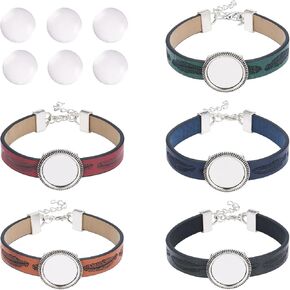 FASHEWELRY 14Pcs PU Leather Cord Bracelet Bezel Tray Blank Flat Round Cabochon Settings Bezel Tray Watch Bands Base Tray Bracelet Blanks with Glass Cabochons for Jewelry Making