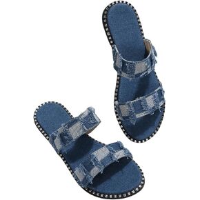 Verdusa Women's Two Band Denim Slide Sandals Open Toe Slip On Flat Sandals